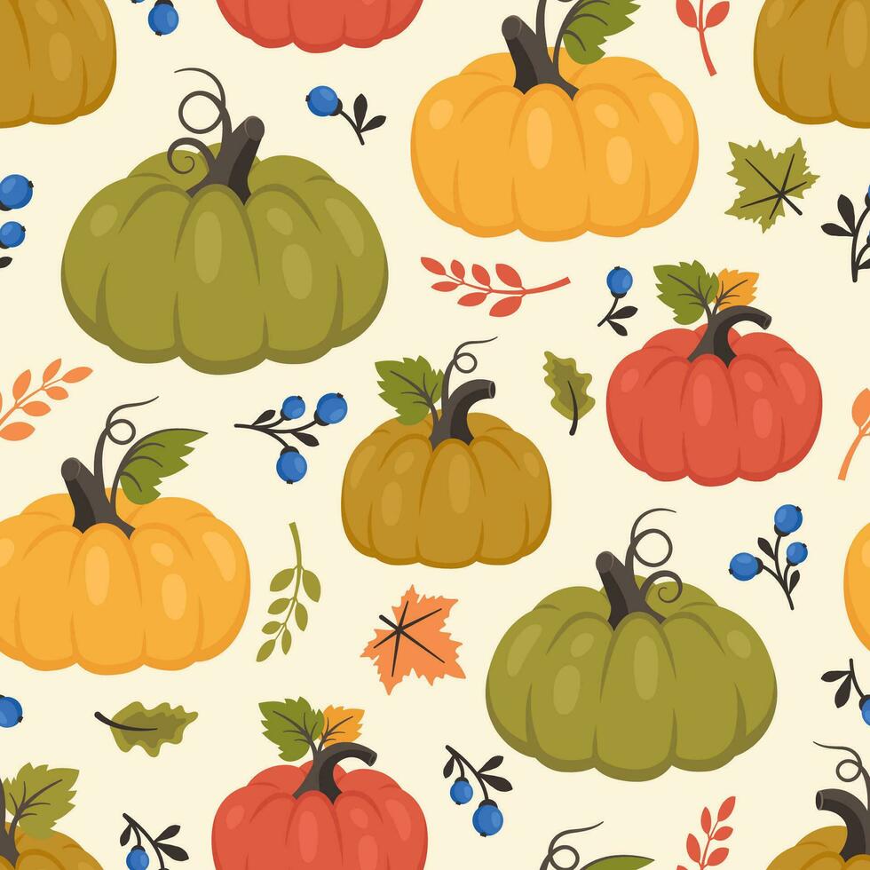 herfst naadloos patroon. reeks van vallen achtergrond met geheel pompoen en voor de helft, bladeren, bessen. dankzegging dag. seizoensgebonden oogst. vector illustratie voor achtergronden, textiel, notitieboekjes, omhulsel papier