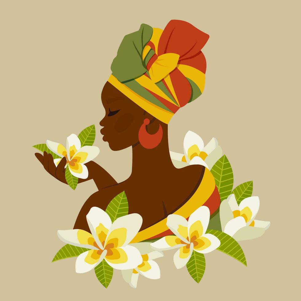 jong mooi zwart vrouw. Afrikaanse Amerikaans meisje met plumeria bloemen. vrouw etniciteit karakter in nationaal jurk. portret kunst. vector tekenfilm vlak illustratie voor avatar, mode, kaart