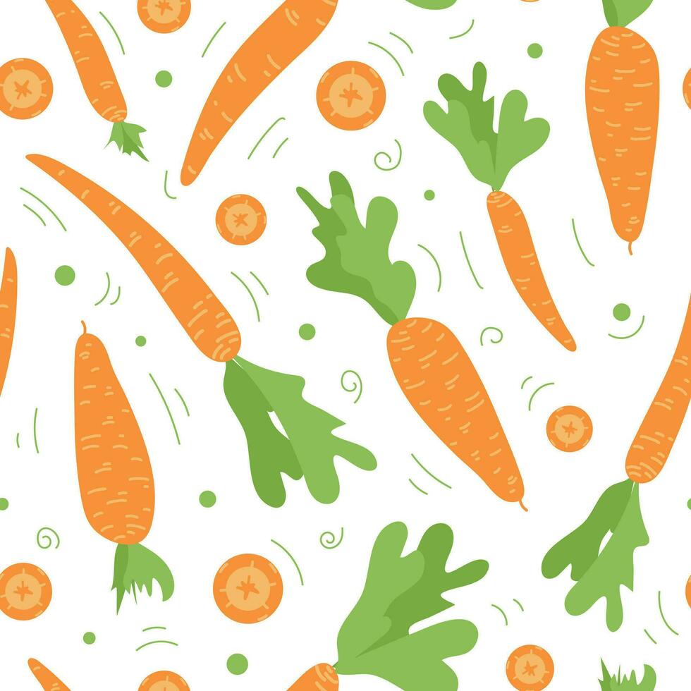 wortel naadloos patroon. schattig kinderachtig tekening. oranje groenten. gezond levensstijl, gepast voeding, oogsten, veganisme. in vlak stijl. behang, het drukken Aan kleding stof, inpakken, achtergrond vector