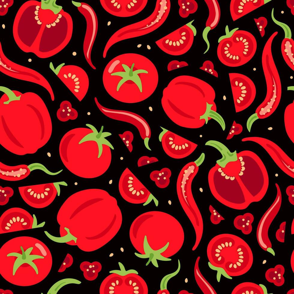 rood groenten. tomaten en paprika, Chili paprika's. pittig, sexy patroon. helder naadloos patroon.voor cafe, menu, tafelkleed, behang, kleding stof, inpakken, achtergrond vector