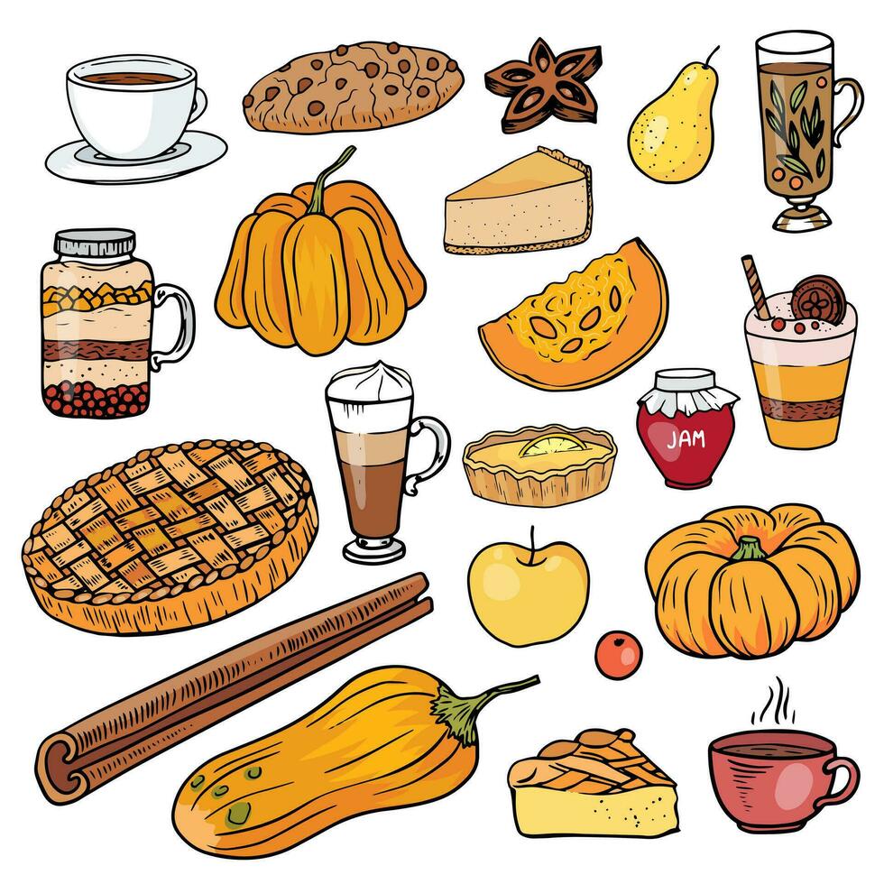 reeks van herfst voedsel en drankje. pompoen, taart, kaastaart, koekje, citroen scherp, kop van thee, koffie latte , kruiden, kaneel, anijs, jam, Peer en appel. verzameling van desserts vector