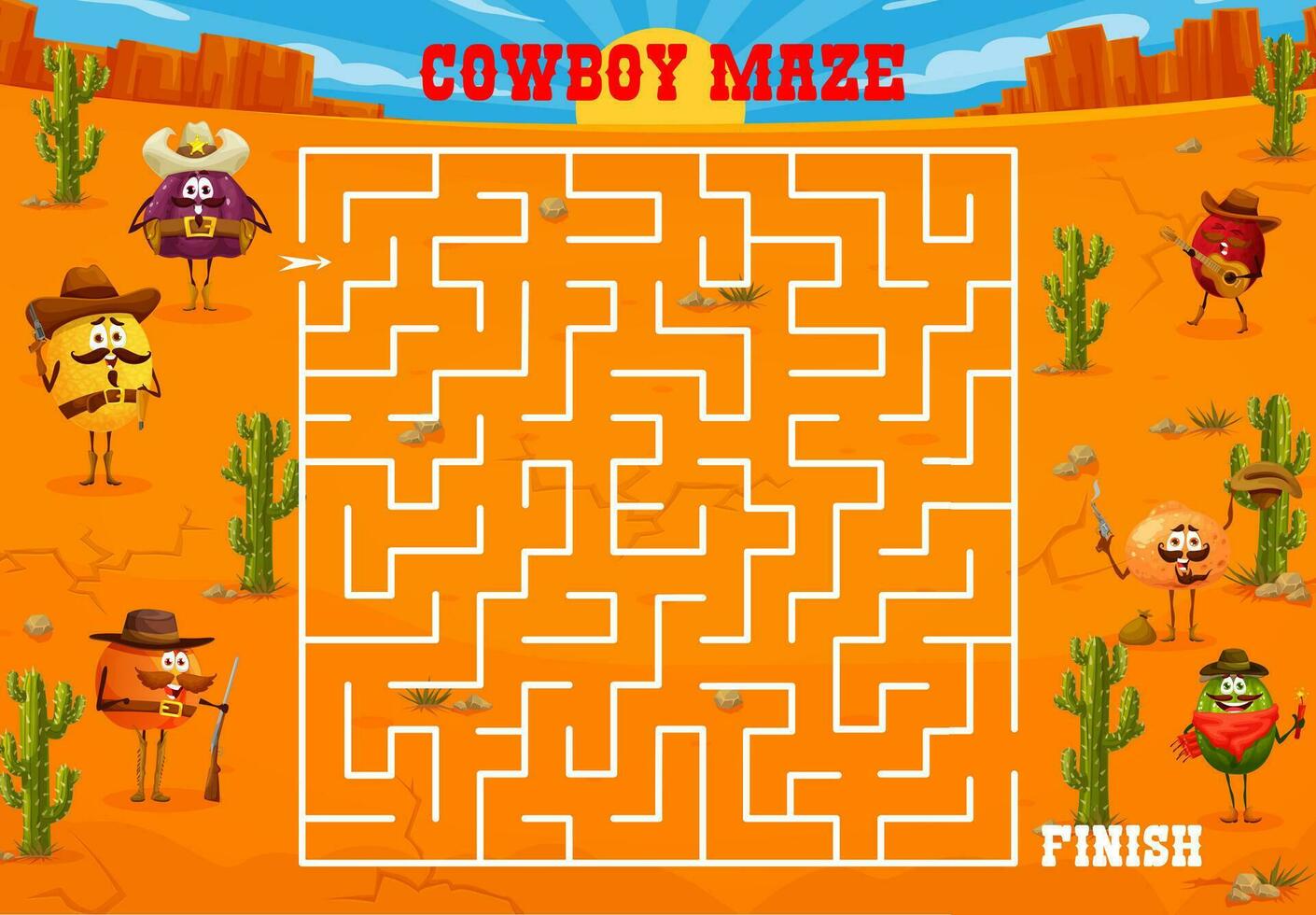 western labyrint doolhof spel, tekenfilm cowboy fruit vector