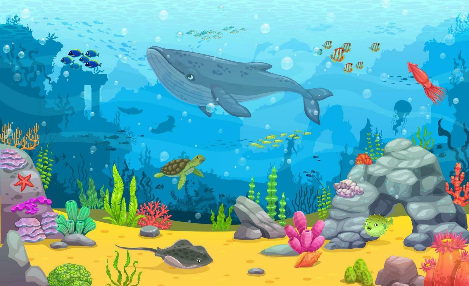 tekenfilm onderwater- landschap, vector achtergrond