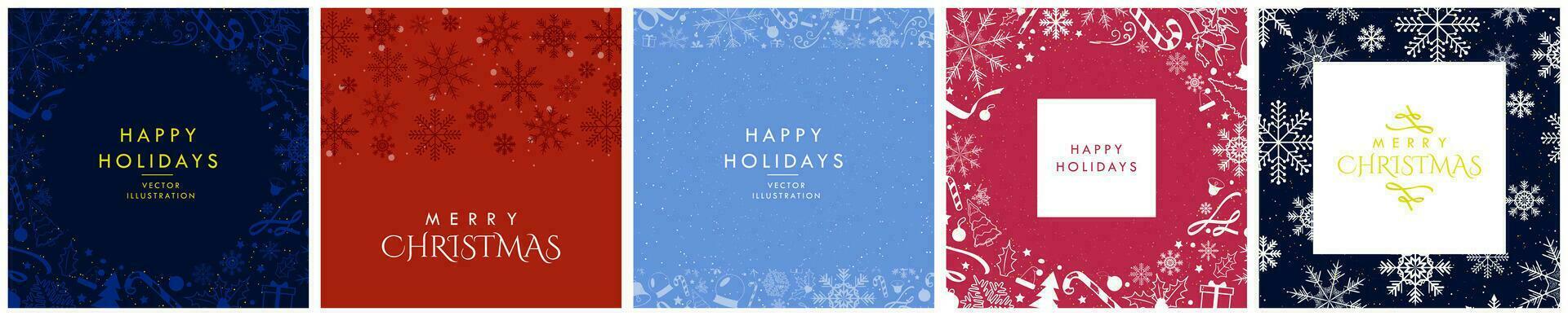 vrolijk Kerstmis en gelukkig nieuw jaar reeks van groet kaarten, affiches, vakantie dekt. elegant Kerstmis ontwerp in middernacht blauw, rood, taling blauw, magenta, en donker blauw. nad getrokken Kerstmis elementen. eps 10. vector