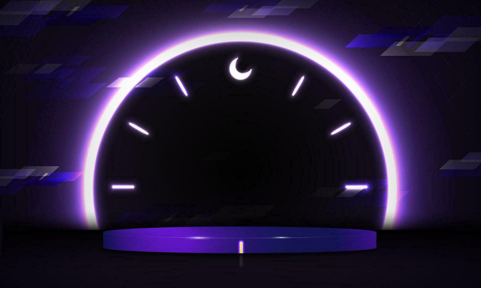 3d weergegeven neon podium met gloeiend klok Aan achtergrond met 12 middernacht net zo halve maan maan icoon. 3d cyber platform studio backdrop sjabloon. vector illustratie. eps 10.