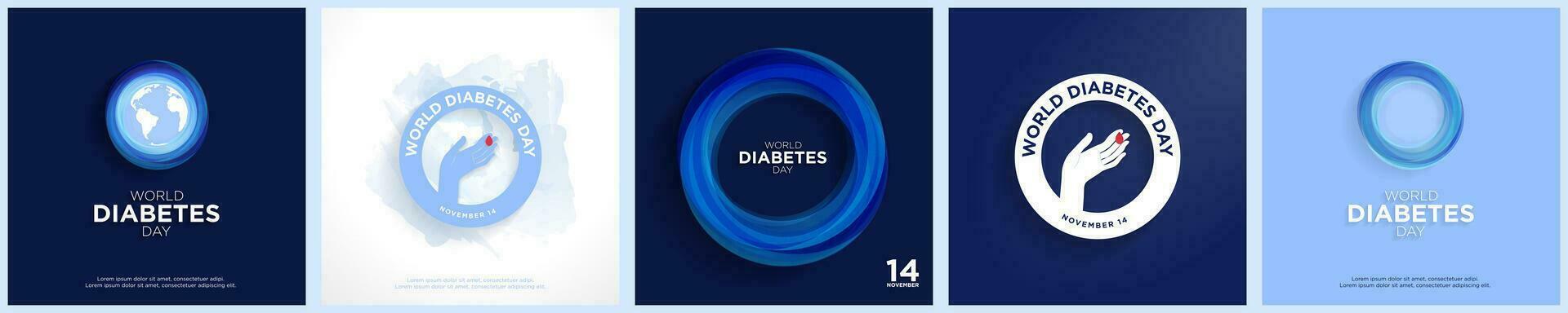 wereld diabetes dag groet kaart posters met 3d abstract cirkel diabetes symbool, met hand- voor bloed suiker testen Aan blauw en wit achtergronden. reeks van creatief diabetes dag vector illustratie. eps