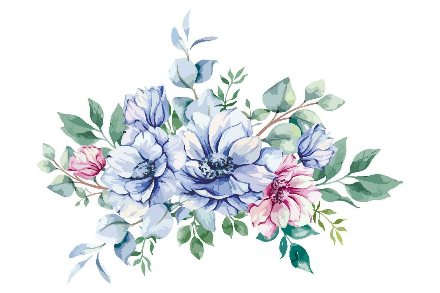 anemoon bloemen waterverf illustratie. blauw, roze en Purper anemonen hand- geschilderd geïsoleerd Aan wit achtergrond. perfect voor bruiloft uitnodigingen, bruids douche en bloemen groet kaarten vector