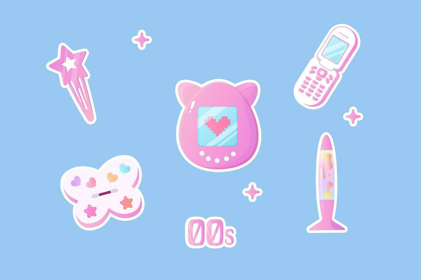 reeks clip art nostalgie y2k 00s, jaren 90, schijf, Tomagotchi stickers reeks stickers vector
