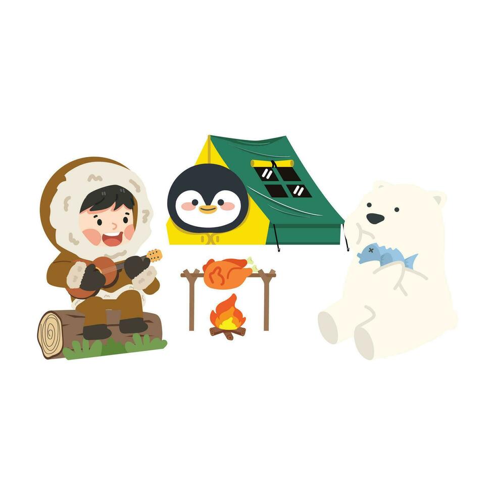 inuit camping met pinguïn en polair beer vector