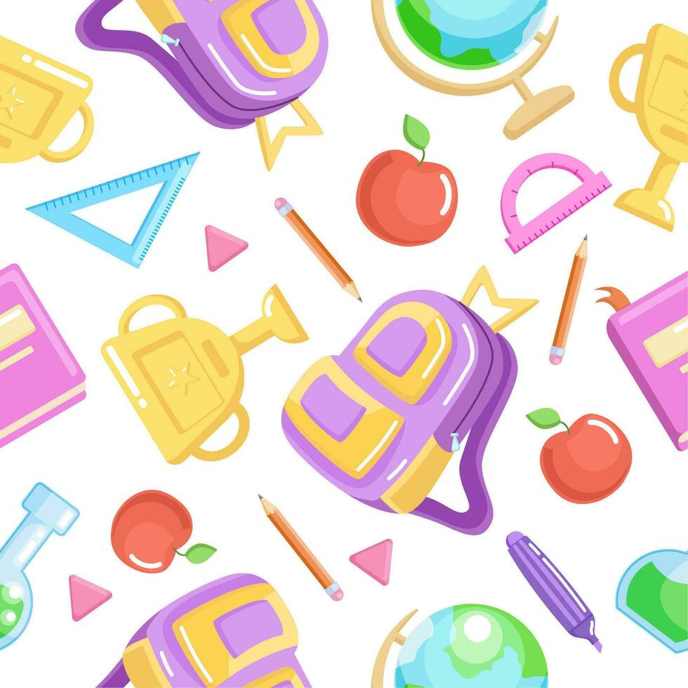 school- voorwerpen naadloos patroon, vector decoratie met school- benodigdheden, boeken, rugzakken, potloden, bollen en bollen, terug naar school- vector ontwerp.