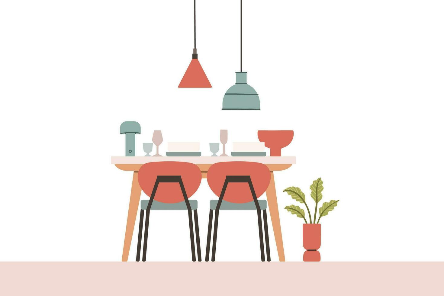 dining tafel in keuken met stoelen, borden en wijnglazen. vlak tekenfilm stijl vector illustratie. vector illustratie