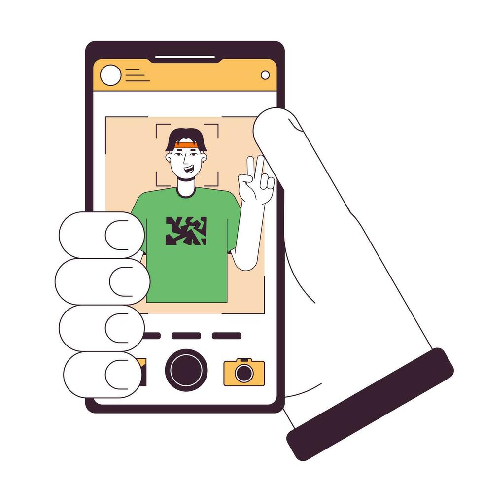 Holding smartphone met foto vlak lijn concept vector plek illustratie. nemen afbeelding. selfie 2d tekenfilm schets hand- Aan wit voor web ui ontwerp. bewerkbare geïsoleerd kleur held beeld