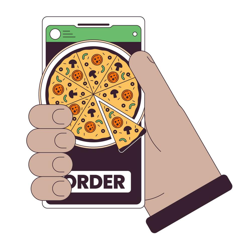 bestellen pizza door smartphone vlak lijn concept vector plek illustratie. hand- Holding telefoon. voedsel bestellen app 2d tekenfilm schets hand- Aan wit voor web ui ontwerp. bewerkbare geïsoleerd kleur held beeld