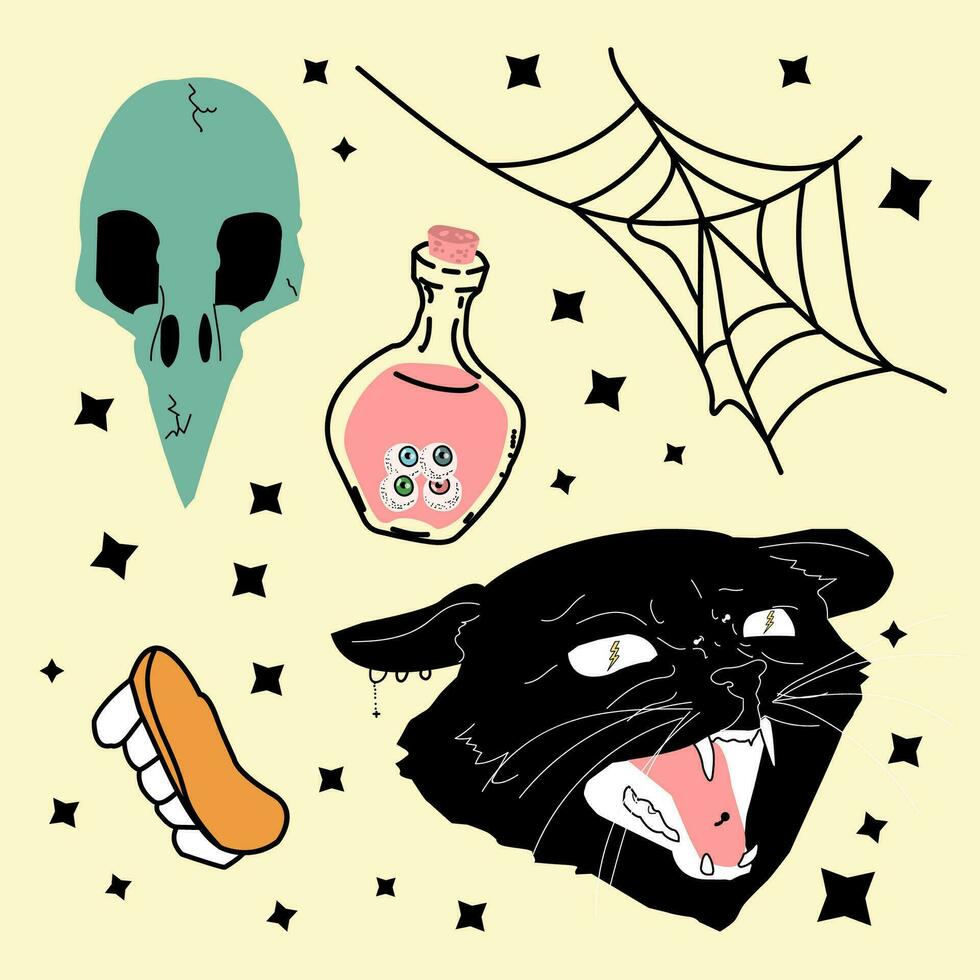 witchy esoterisch grafisch elementen pak. halloween grafiek pak met een vogel schedel, spin web en zwart kat. vector