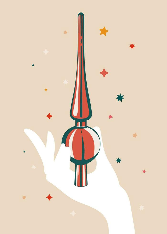 hand- Holding Kerstmis decoratie illustratie in retro stijl. Kerstmis kleurrijk decoratie en sterren, vector wijnoogst afdrukken illustratie. groet kaart, uitnodigingen, behang, afdrukken.