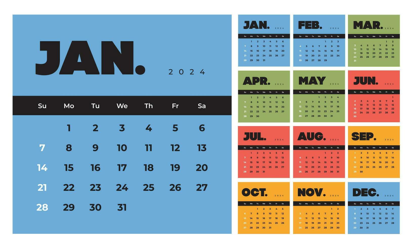 kleurrijk retro stijl maandelijks kalender sjabloon voor 2024 jaar. Engels kalender. week begint Aan zondag. reeks van 12 maanden. gemakkelijk ontwerp met groot brieven, typografisch elementen. plein samenstelling vector