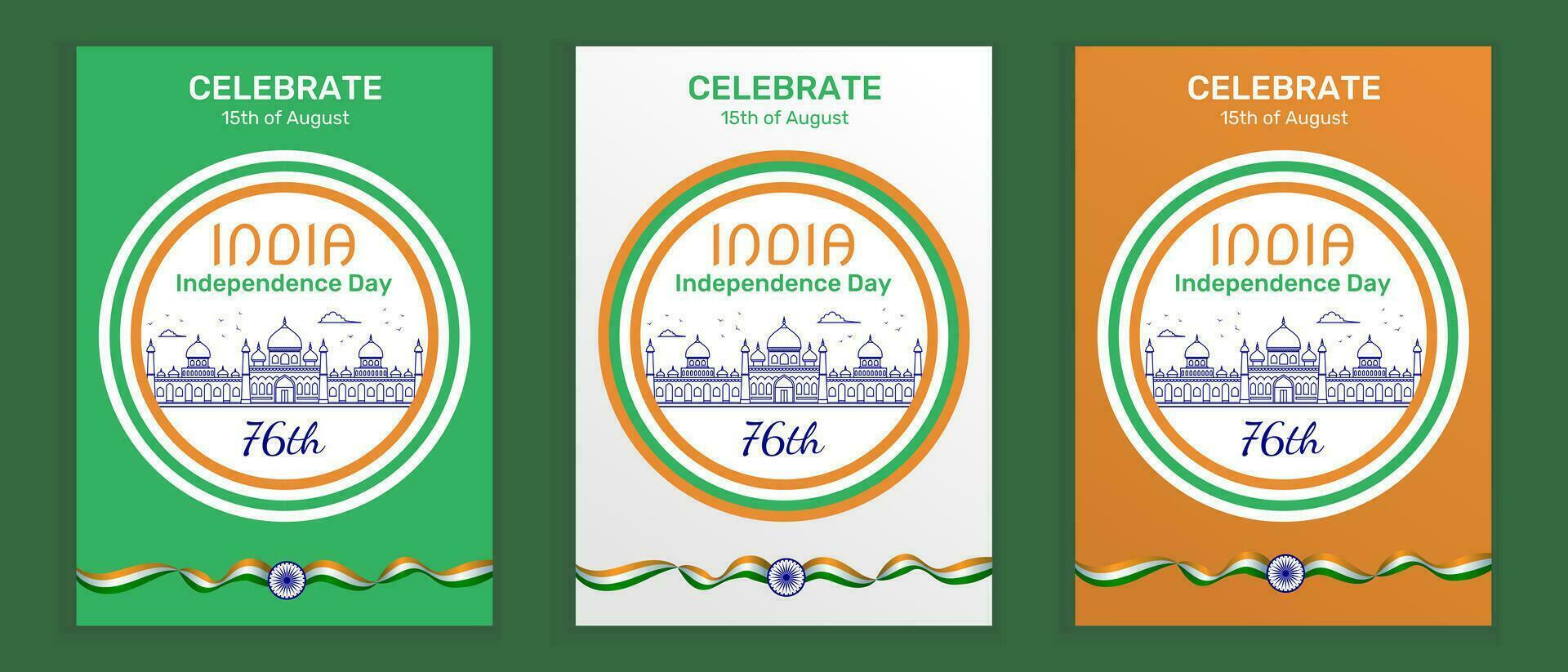 drie Indië onafhankelijkheid dag verticaal vector posters met de vlag en symbolen van Indië, bouwkundig lijn kunst gebouw en viering datum, 15e van augustus.