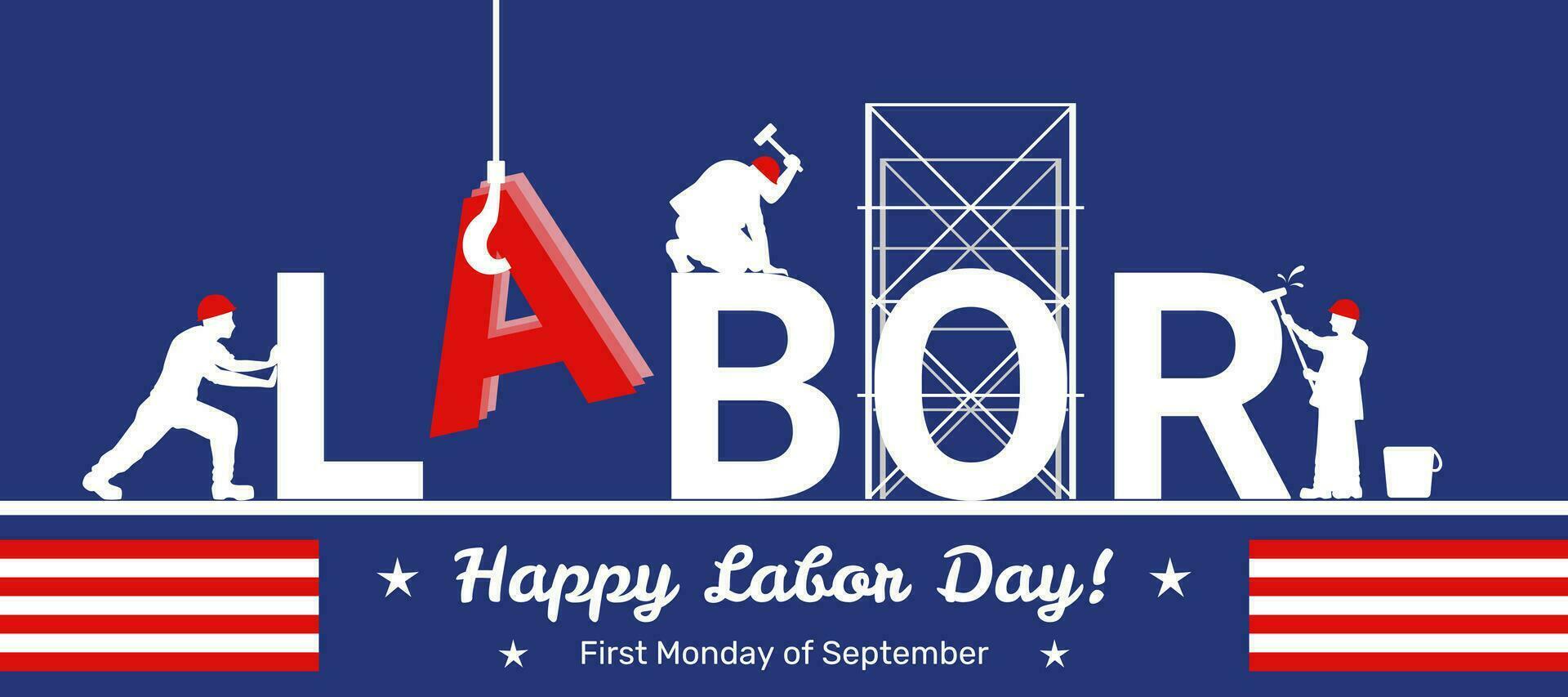 Amerikaans arbeid dag banier, vector uitnodiging met arbeiders dag. illustraties van gestileerde tekst en Bouwers silhouetten.