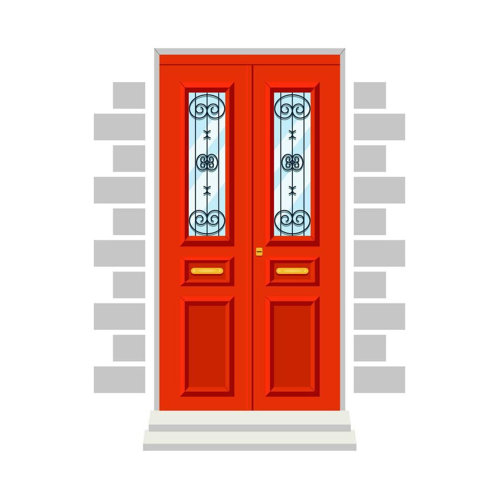 wijnoogst rood voorkant deur naar huis. vector illustratie van Ingang deuren in vlak stijl