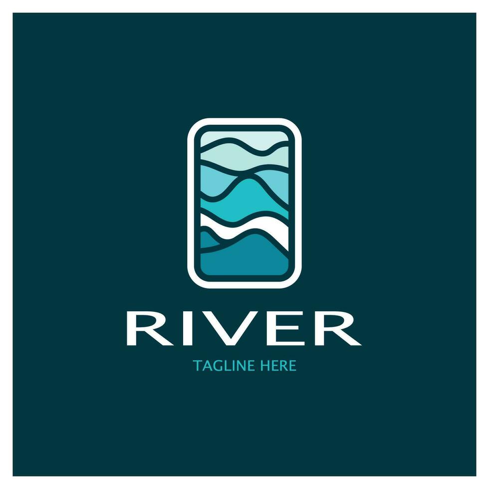 rivier- logo, kreken, rivieroevers en stromen, met combinatie van bergen en bouwland met vector concept ontwerp.