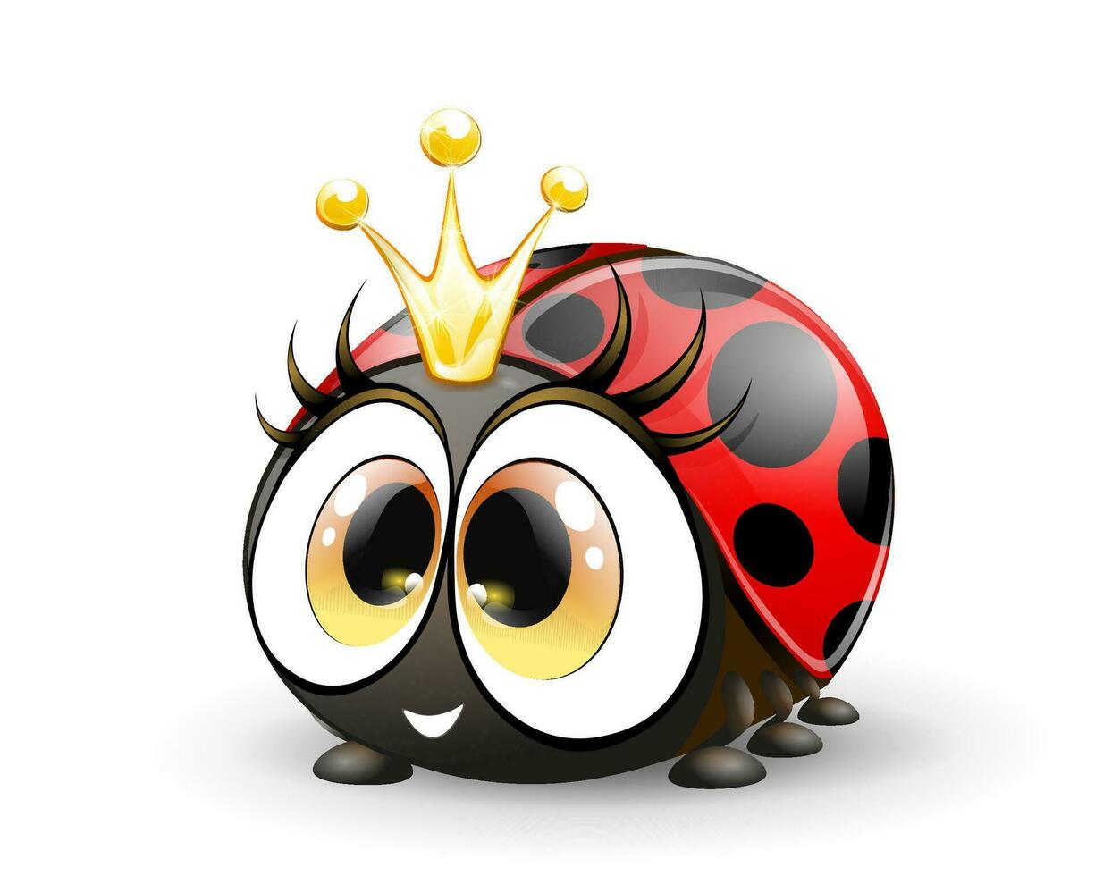 schattig tekenfilm weinig lieveheersbeestje prinses met groot ogen en gouden kroon. geïsoleerd. vector