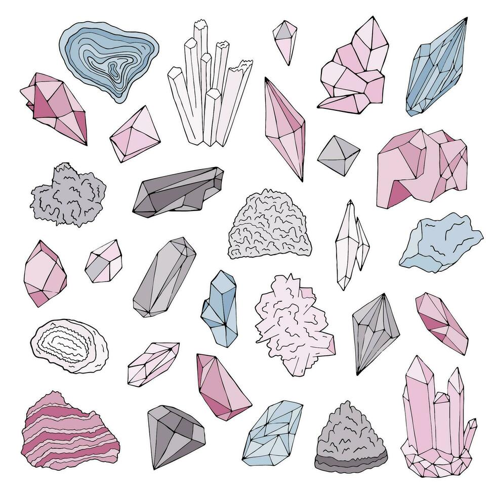 mineralen, Kristallen, edelstenen geïsoleerd kleur vector illustratie hand- getrokken set.