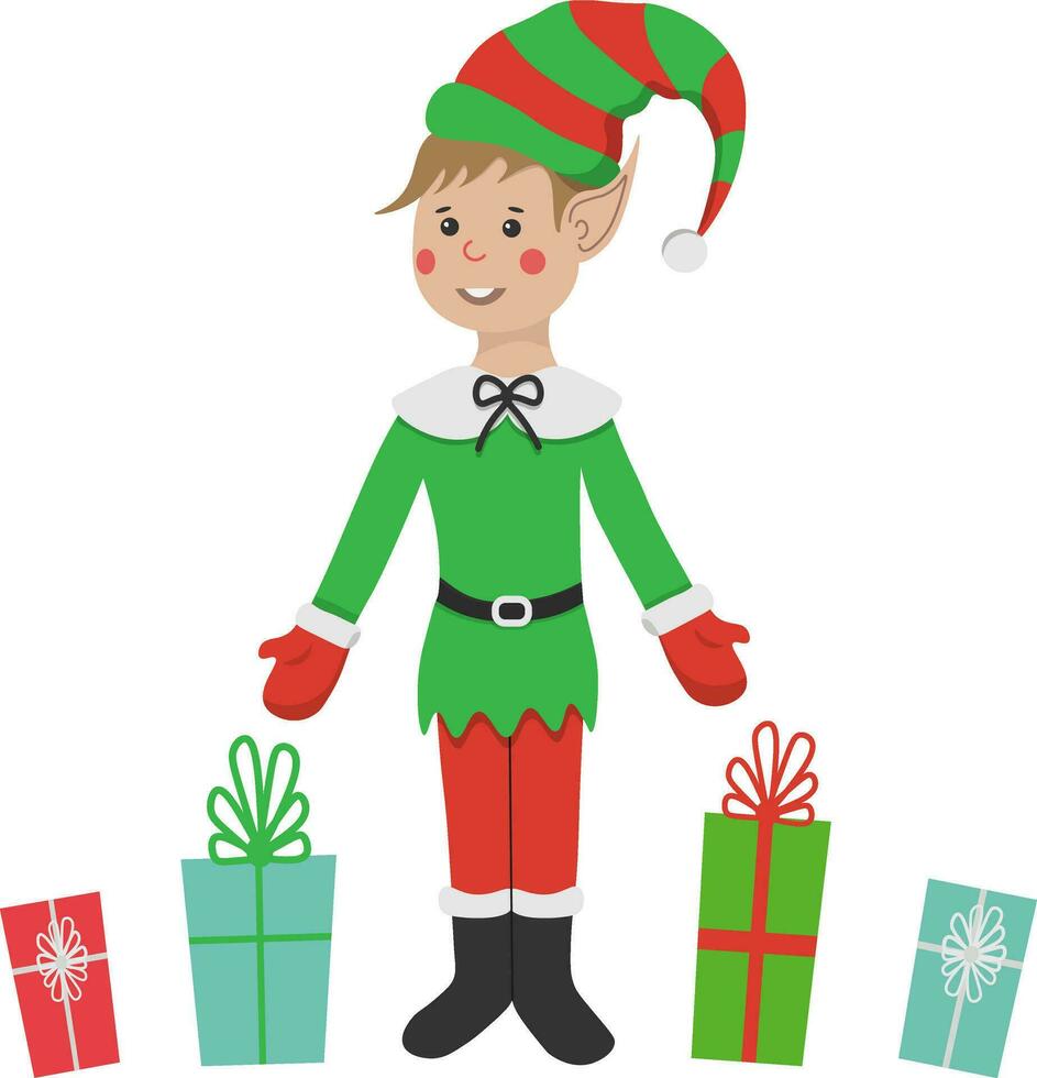 Kerstmis illustratie van een elf met geschenken. een kind gekleed in een elf kostuum vector
