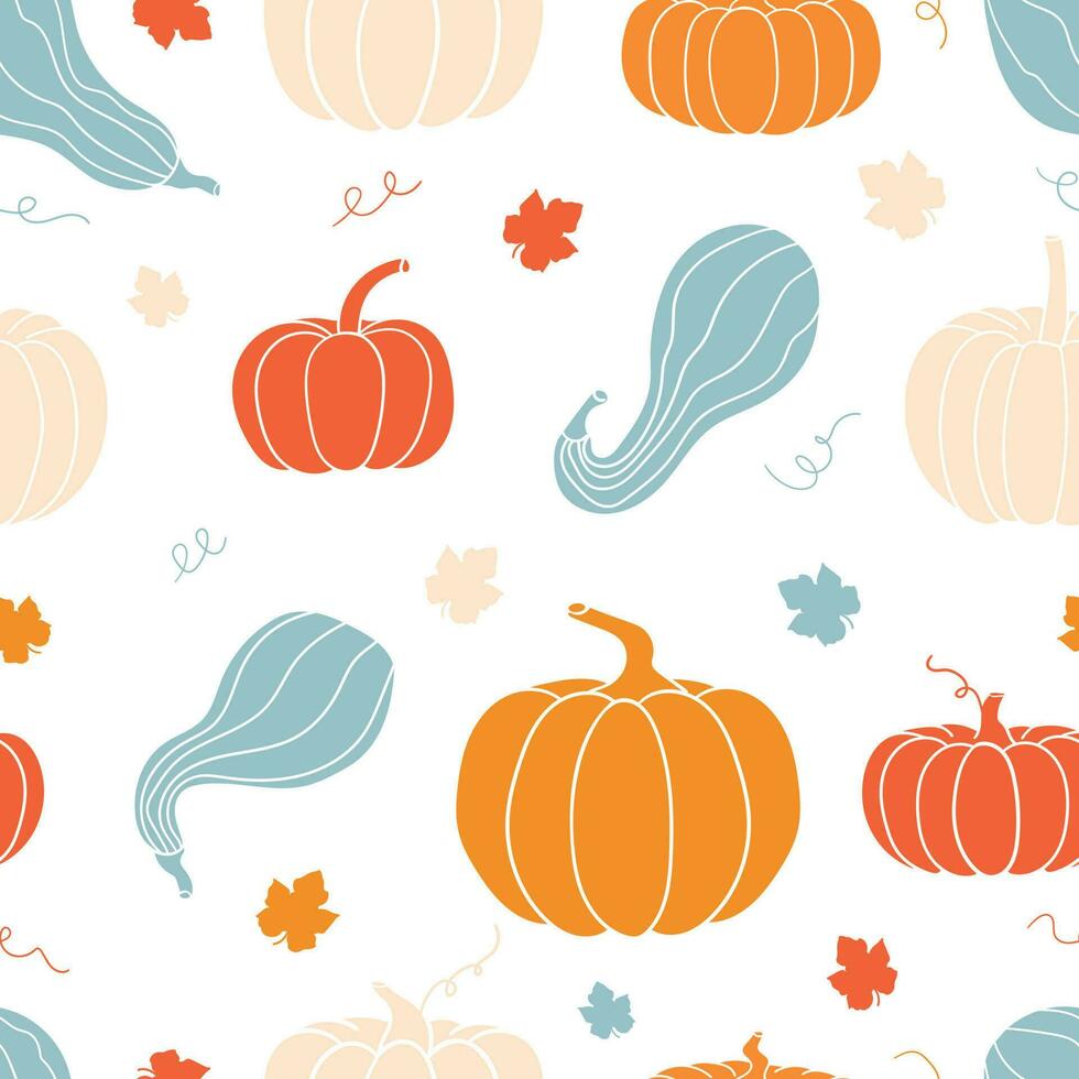 naadloos patroon met gekleurde silhouetten van pompoenen en bladeren. tekening stijl pompoenen. herfst illustratie. vector