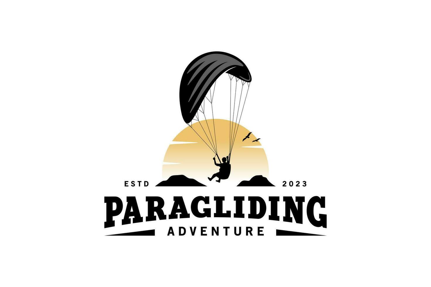 avontuur paragliden logo ontwerp met wijnoogst zon achtergrond vector