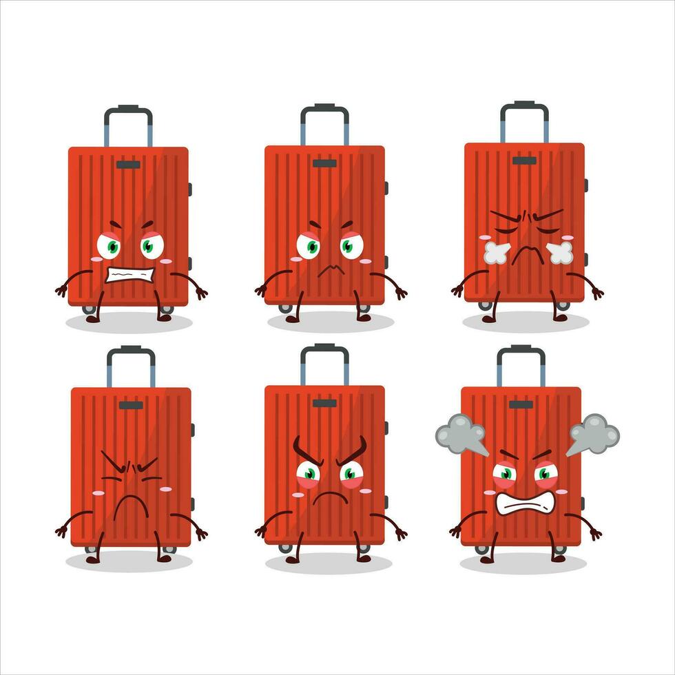 rood bagage tekenfilm karakter met divers boos uitdrukkingen vector