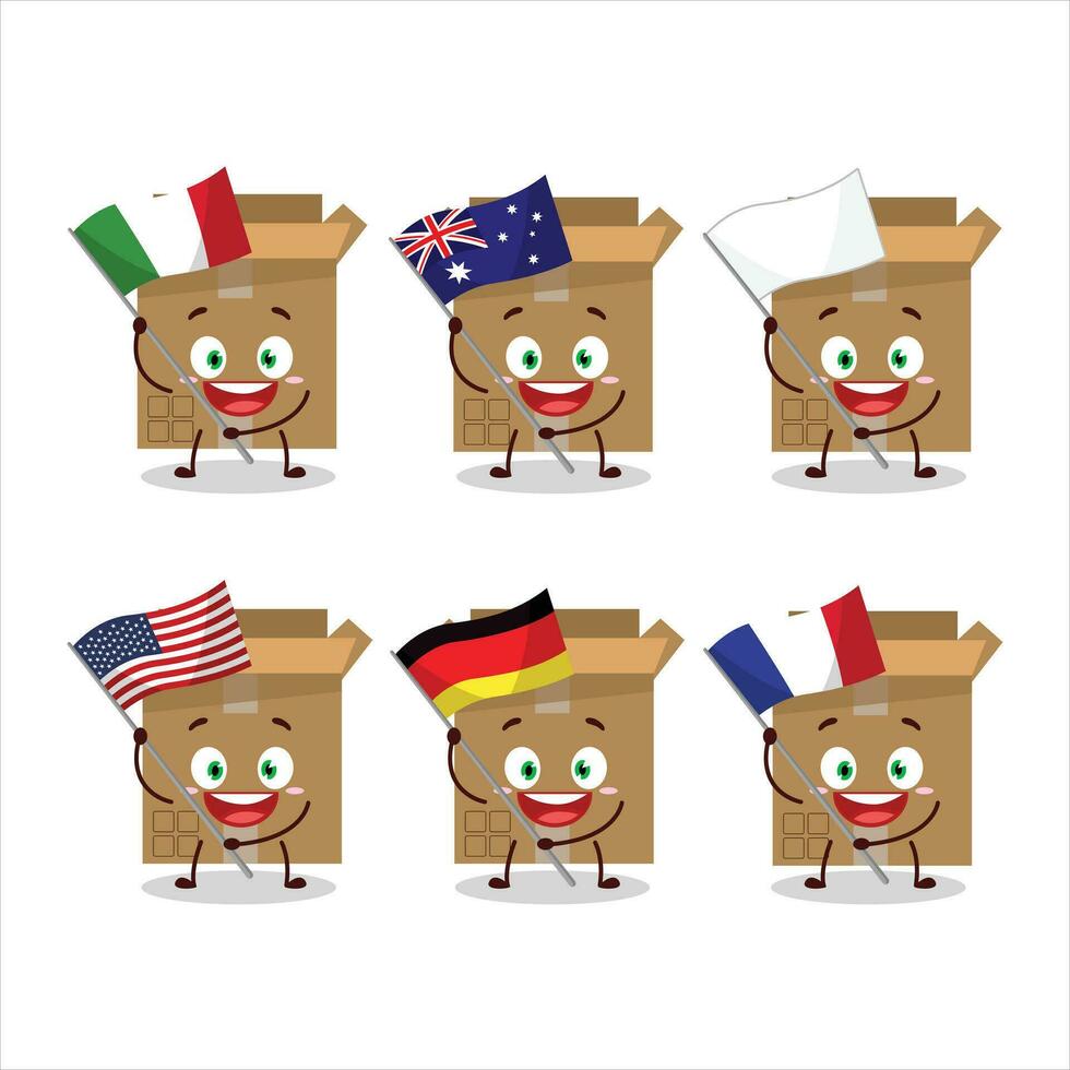 karton doos tekenfilm karakter brengen de vlaggen van divers landen vector