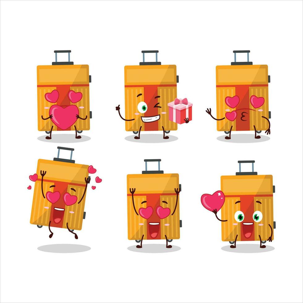 geel bagage tekenfilm karakter met liefde schattig emoticon vector