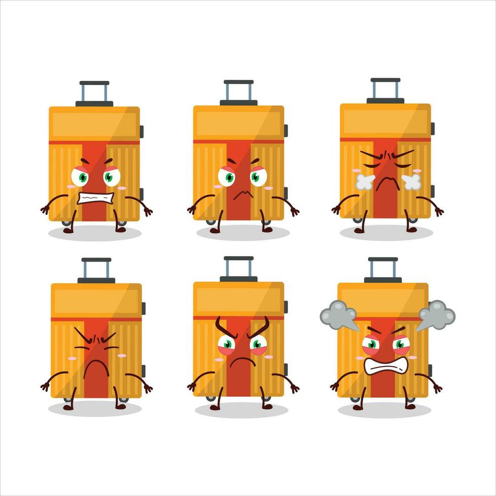 geel bagage tekenfilm karakter met divers boos uitdrukkingen vector