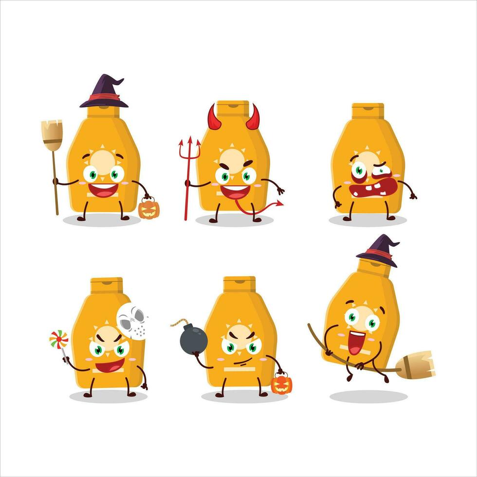 halloween uitdrukking emoticons met tekenfilm karakter van lotion sunblock vector