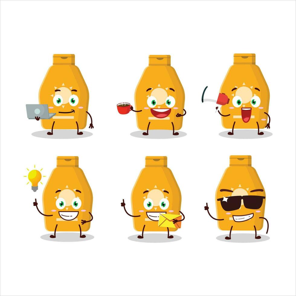 lotion sunblock tekenfilm karakter met divers types van bedrijf emoticons vector