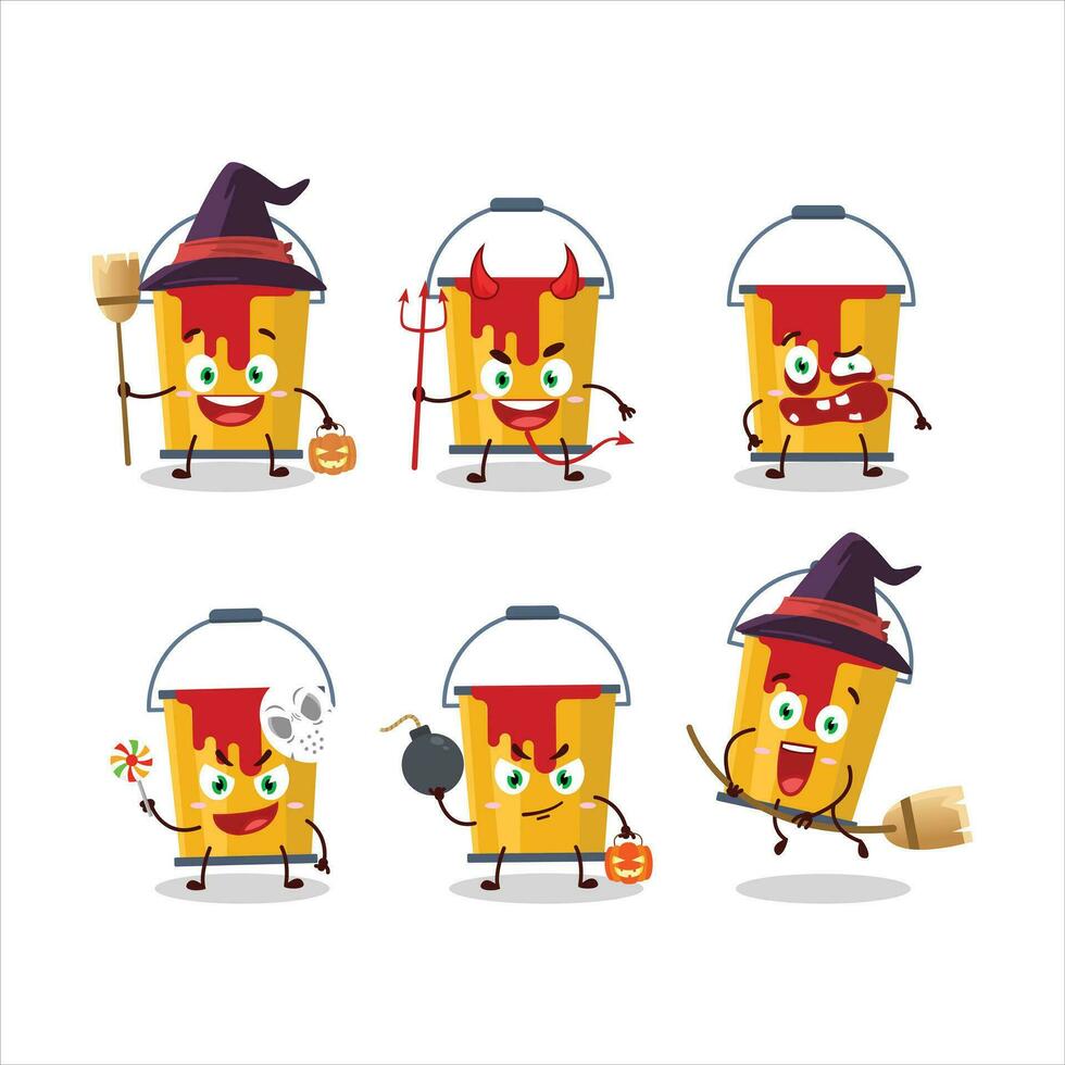 halloween uitdrukking emoticons met tekenfilm karakter van geel verf emmer vector