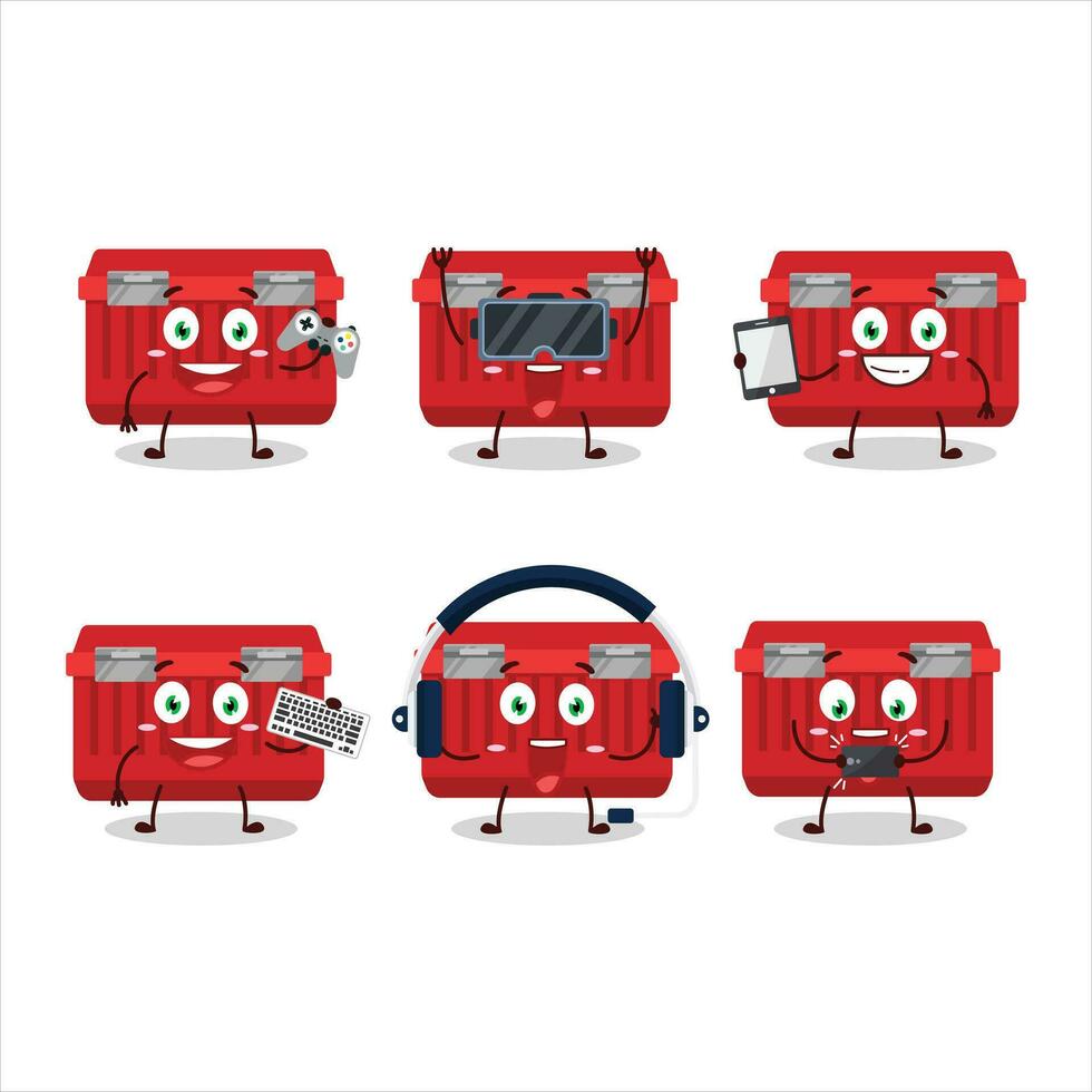 rood gereedschapskist tekenfilm karakter zijn spelen spellen met divers schattig emoticons vector