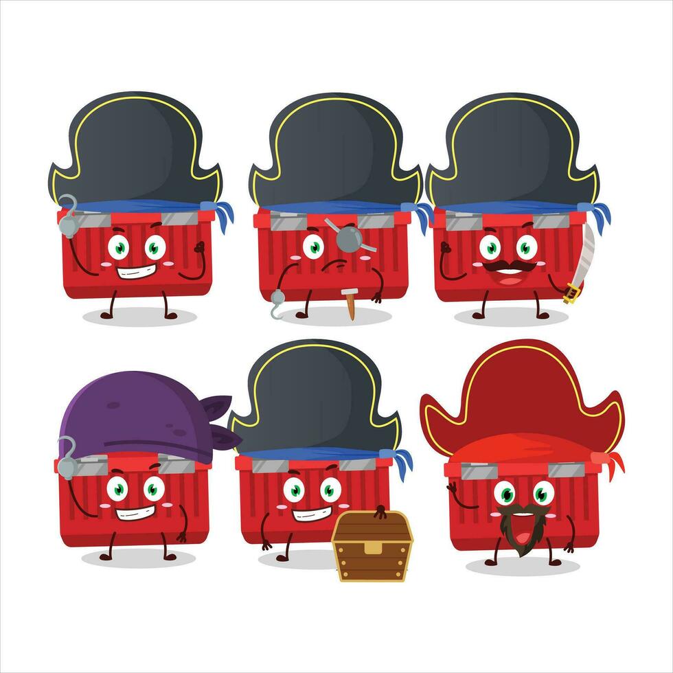 tekenfilm karakter van rood gereedschapskist met divers piraten emoticons vector