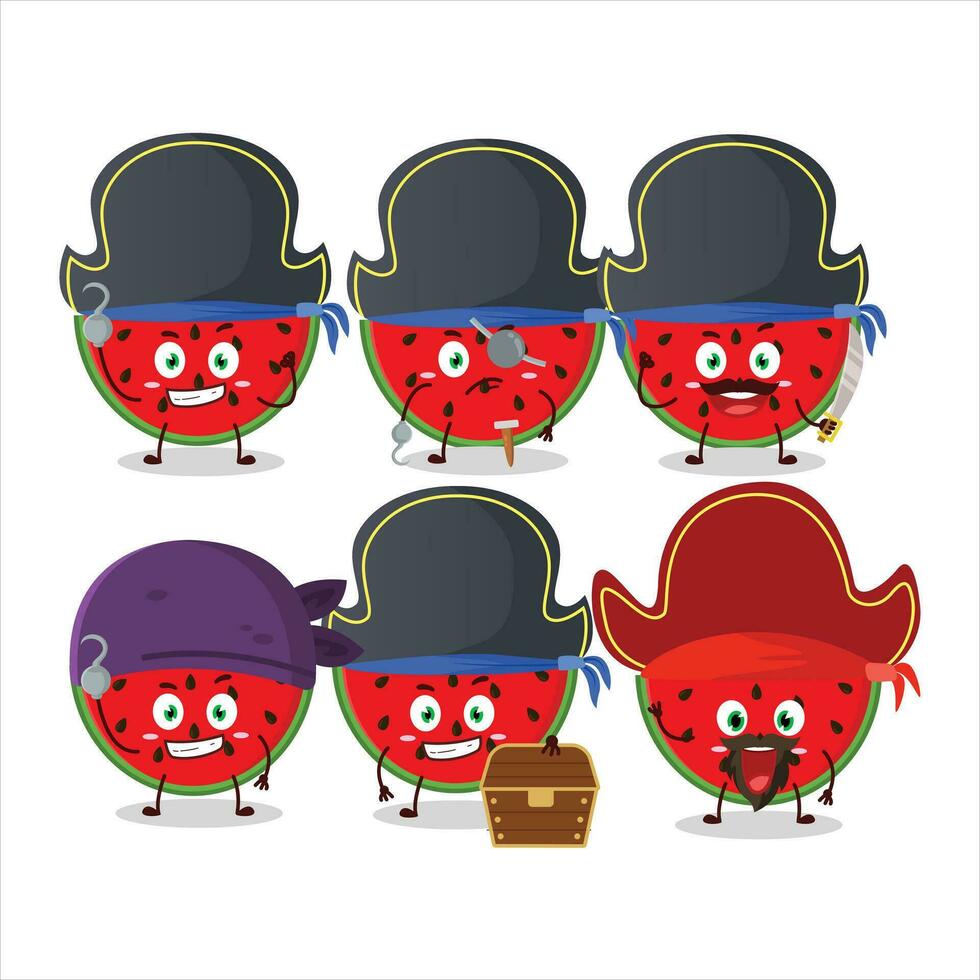 tekenfilm karakter van watermeloen met divers piraten emoticons vector