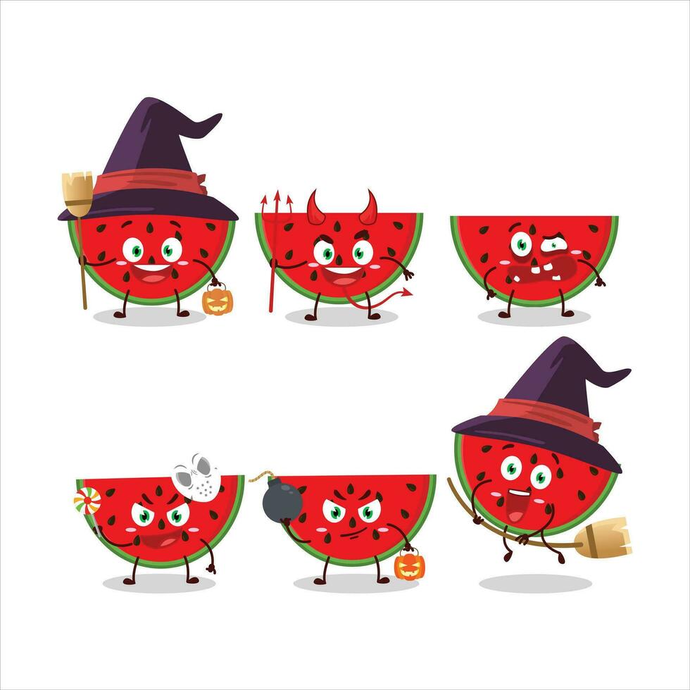 halloween uitdrukking emoticons met tekenfilm karakter van watermeloen vector