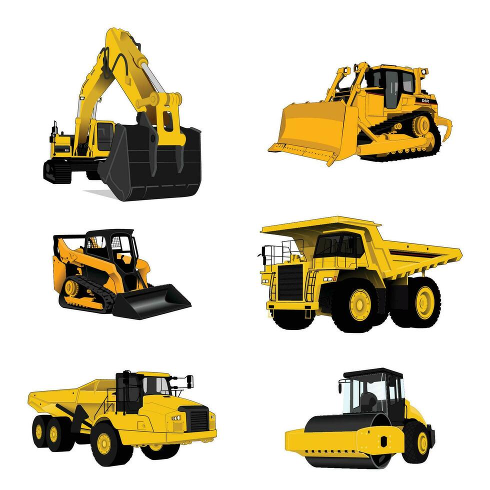 een groot reeks van bouw uitrusting in geel. speciaal machines voor de gebouw werk. verdichter, graafmachines, tractoren, bulldozers, stortplaats vrachtwagens. vector illustratie