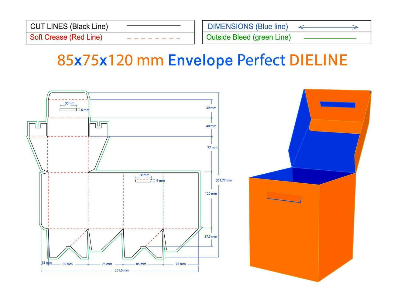 basisenvelop 2,5x3 inch dieline-sjabloon en 3D-envelop bewerkbaar gemakkelijk aanpasbaar vector