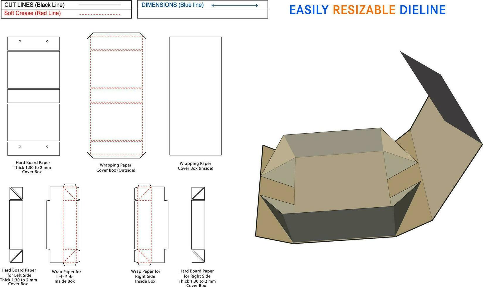 inklapbaar of opvouwbaar stijf doos dieline en 3d doos bewerkbare gemakkelijk aanpasbaar dieline vector