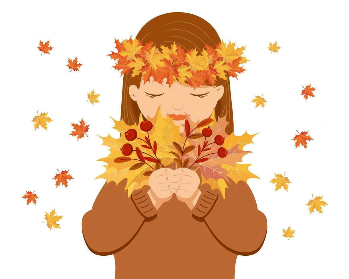 schattig meisje met een boeket van herfst esdoorn- bladeren en lijsterbes. illustratie, afdrukken, vector