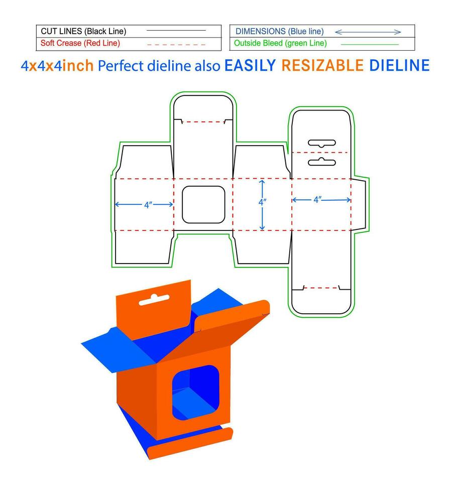 hangende venster doos, plein snap slot mobiel oplader doos, 4x4x4 inch doos dieline verpakking ontwerp en 3d doos vector