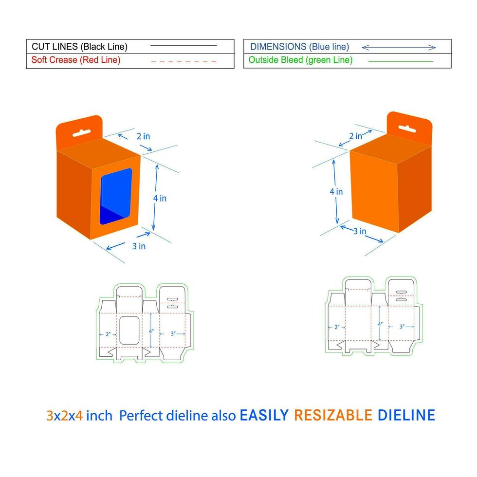 mobiel oplader verpakking doos, hangende venster doos 3x2x4 inch doos dieline sjabloon en 3d doos vector