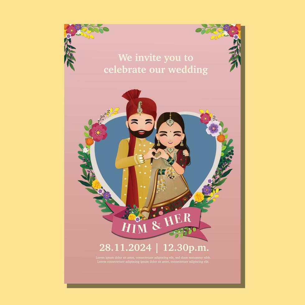 bruiloft uitnodigingskaart de bruid en bruidegom schattig paar in traditionele Indiase kleding stripfiguur. vector illustratie