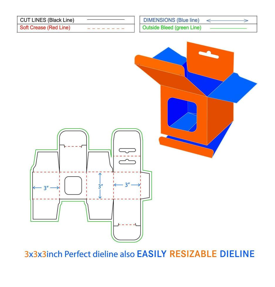 snap slot mobiel oplader doos, hangende venster doos 3x3x3 inch doos dieline verpakking ontwerp en 3d doos vector