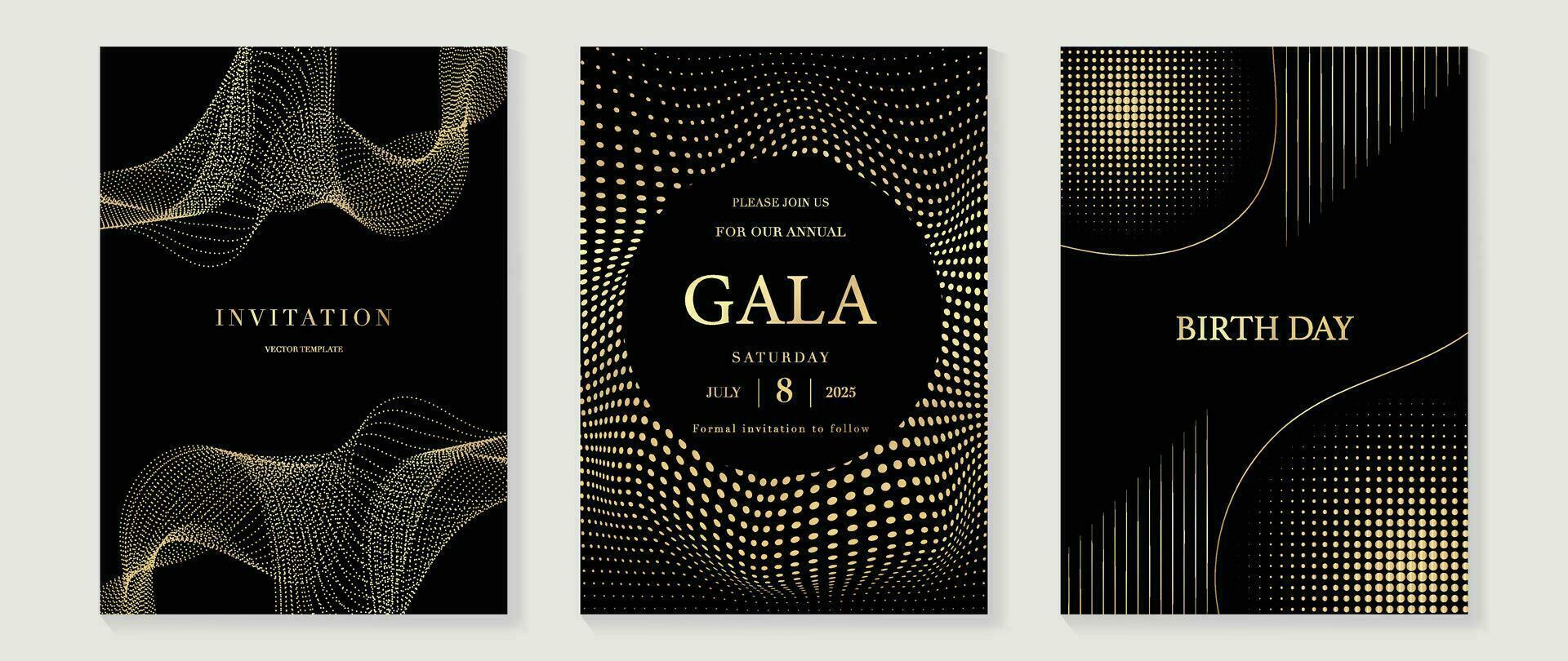 luxe uitnodiging kaart achtergrond vector. gouden lijn elegant, halftoon, punt Aan donker achtergrond. premie ontwerp illustratie voor gala kaart, groots opening, partij uitnodiging, bruiloft. vector