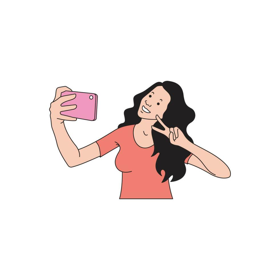 langharig vrouw nemen een selfie in voorkant van een mobiele telefoon camera vector